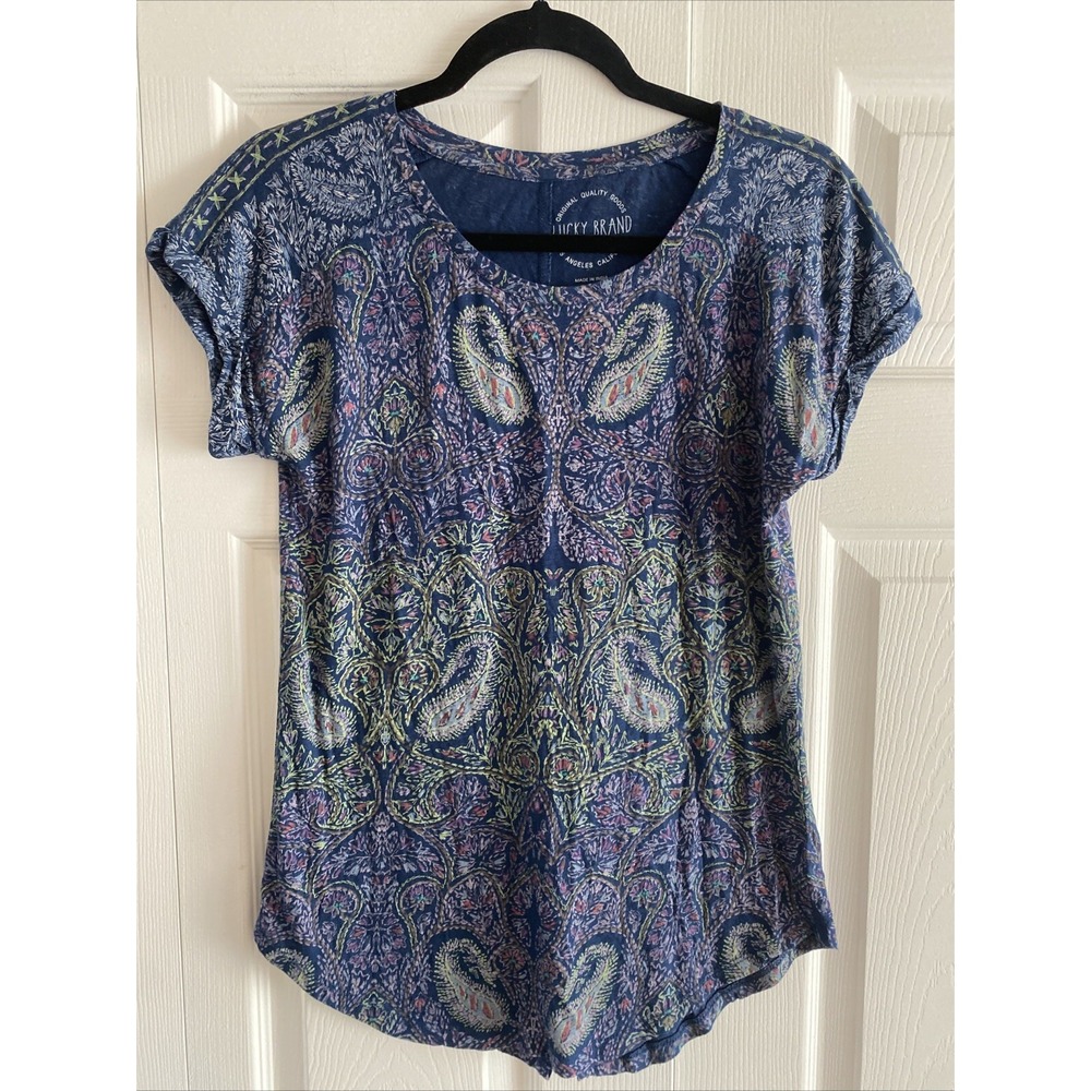 Lucky Brand Women's XS Blue Paisley Scoop Neck Boho Top Comfort On The Go Indie